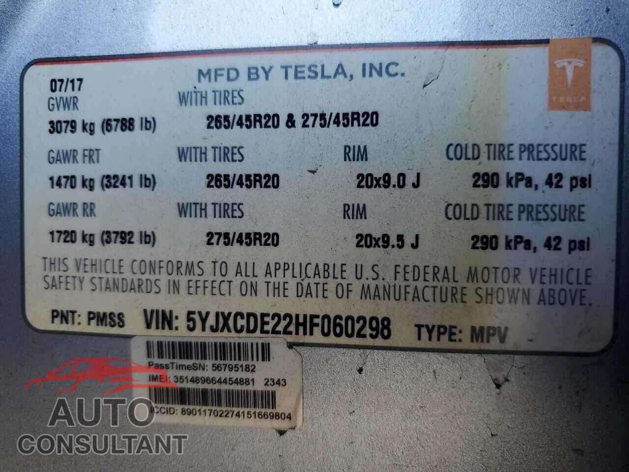 TESLA MODEL X 2017 - 5YJXCDE22HF060298