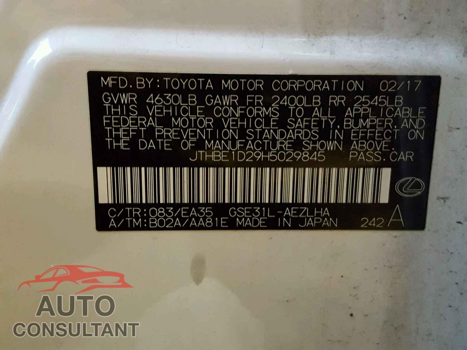 LEXUS IS 2017 - JTHBE1D29H5029845
