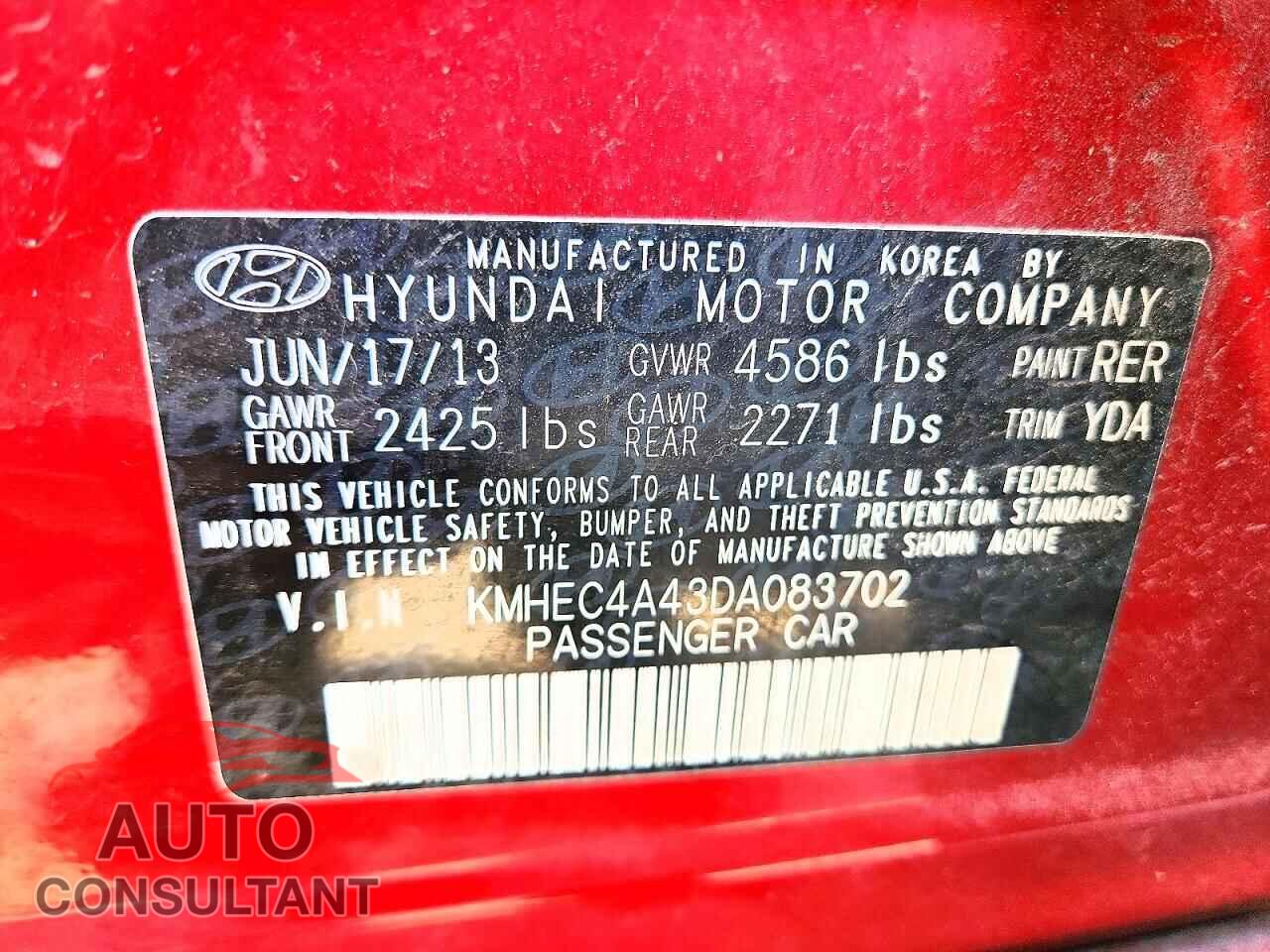 HYUNDAI SONATA 2013 - KMHEC4A43DA083702