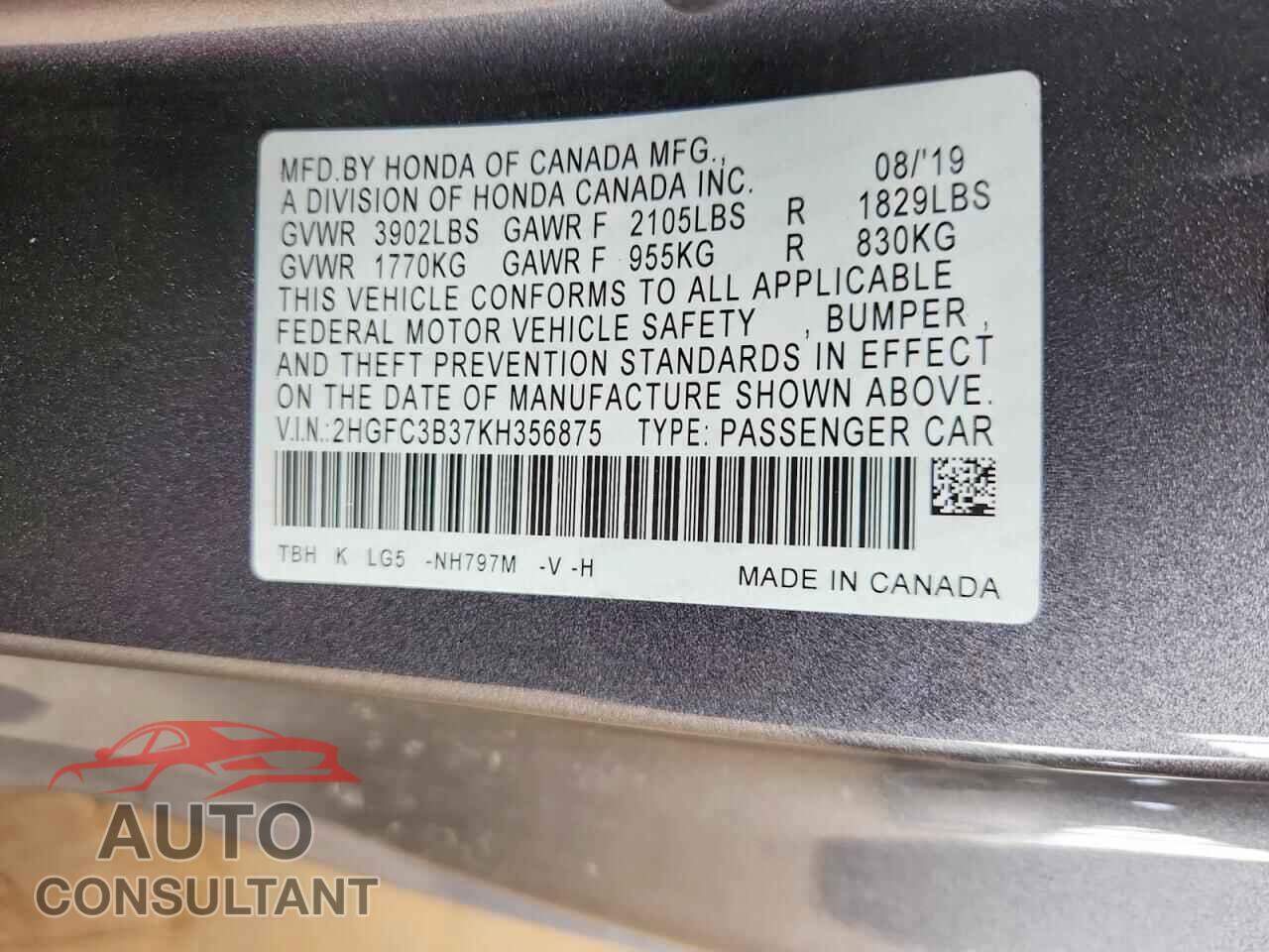 HONDA CIVIC 2019 - 2HGFC3B37KH356875
