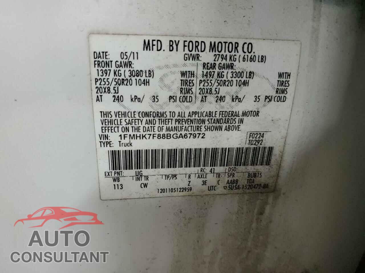 FORD EXPLORER 2011 - 1FMHK7F88BGA67972