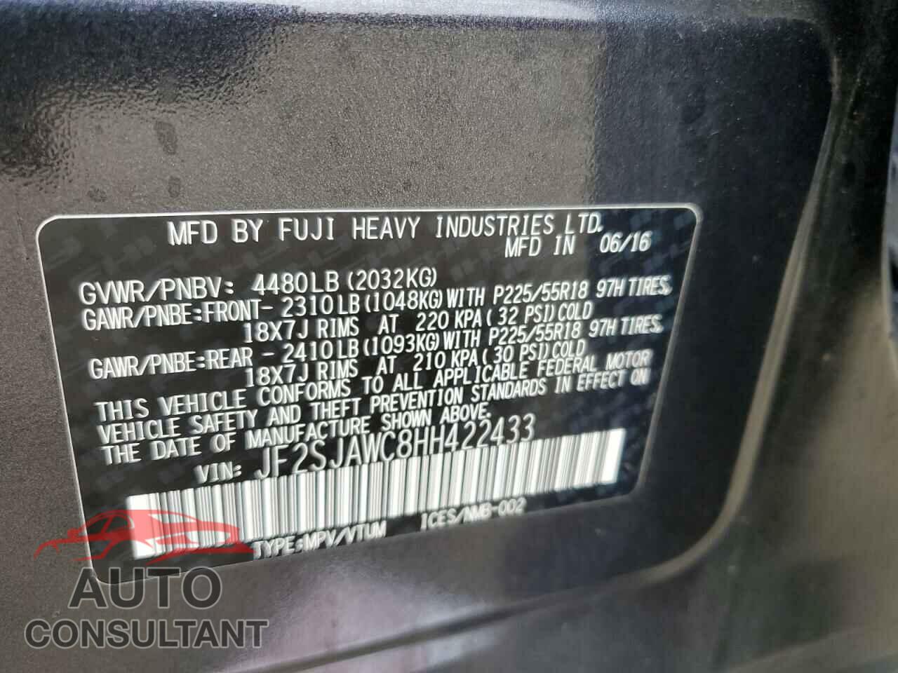 SUBARU FORESTER 2017 - JF2SJAWC8HH422433