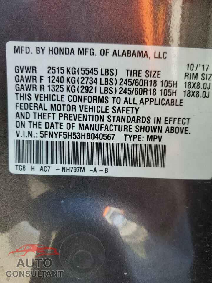 HONDA PILOT 2017 - 5FNYF5H53HB040567