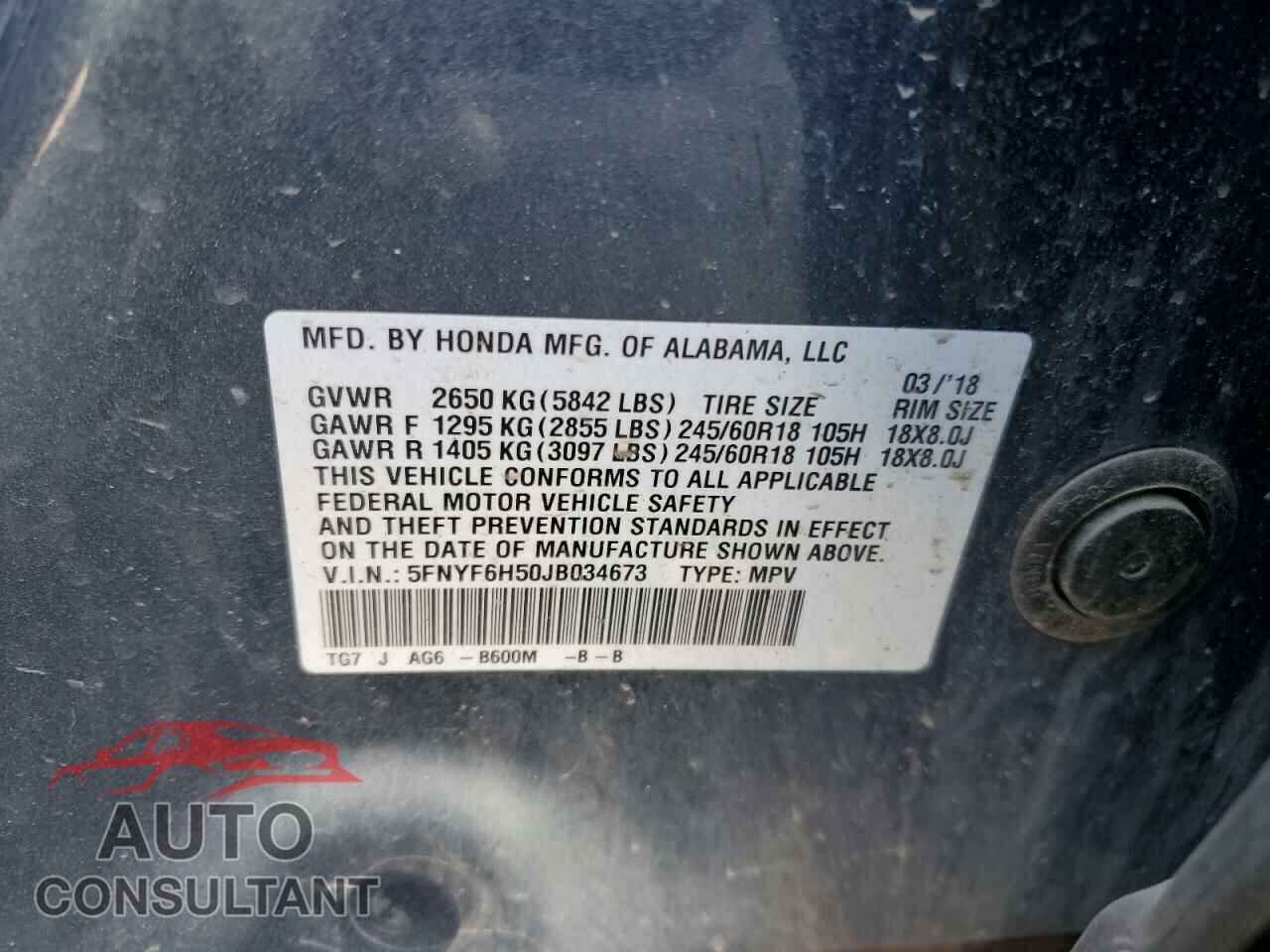 HONDA PILOT 2018 - 5FNYF6H50JB034673