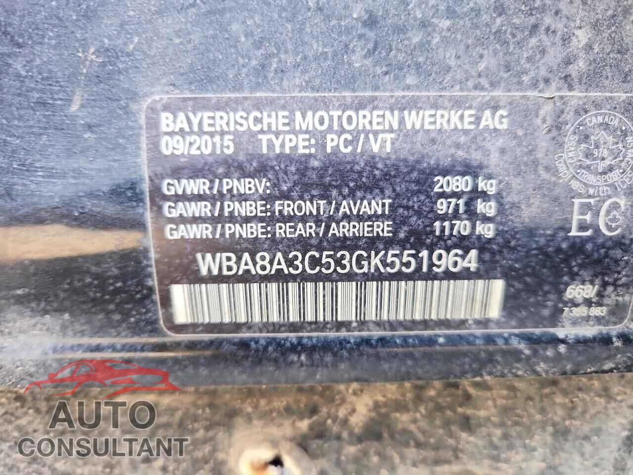 BMW 3 SERIES 2016 - WBA8A3C53GK551964