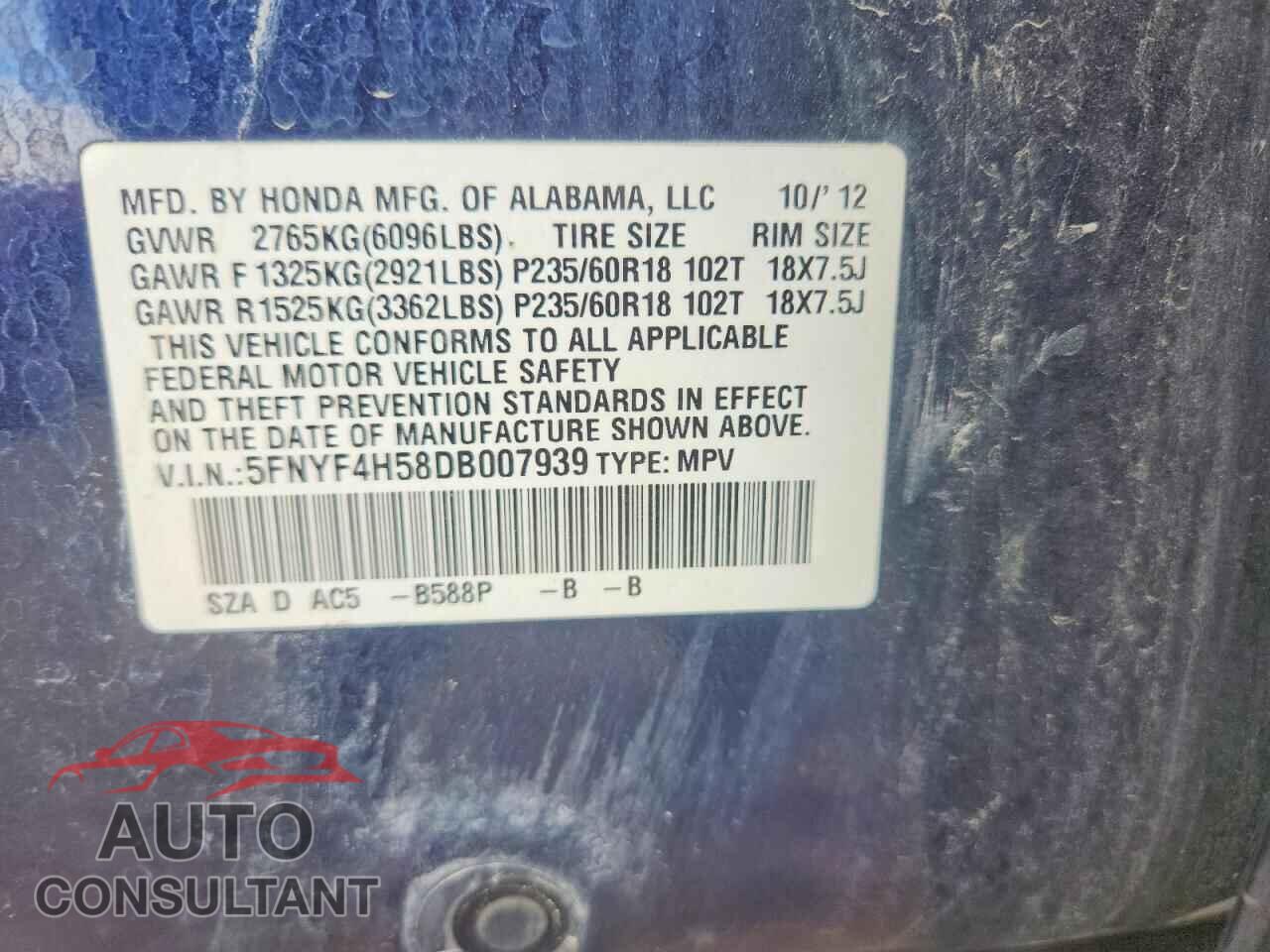 HONDA PILOT 2013 - 5FNYF4H58DB007939