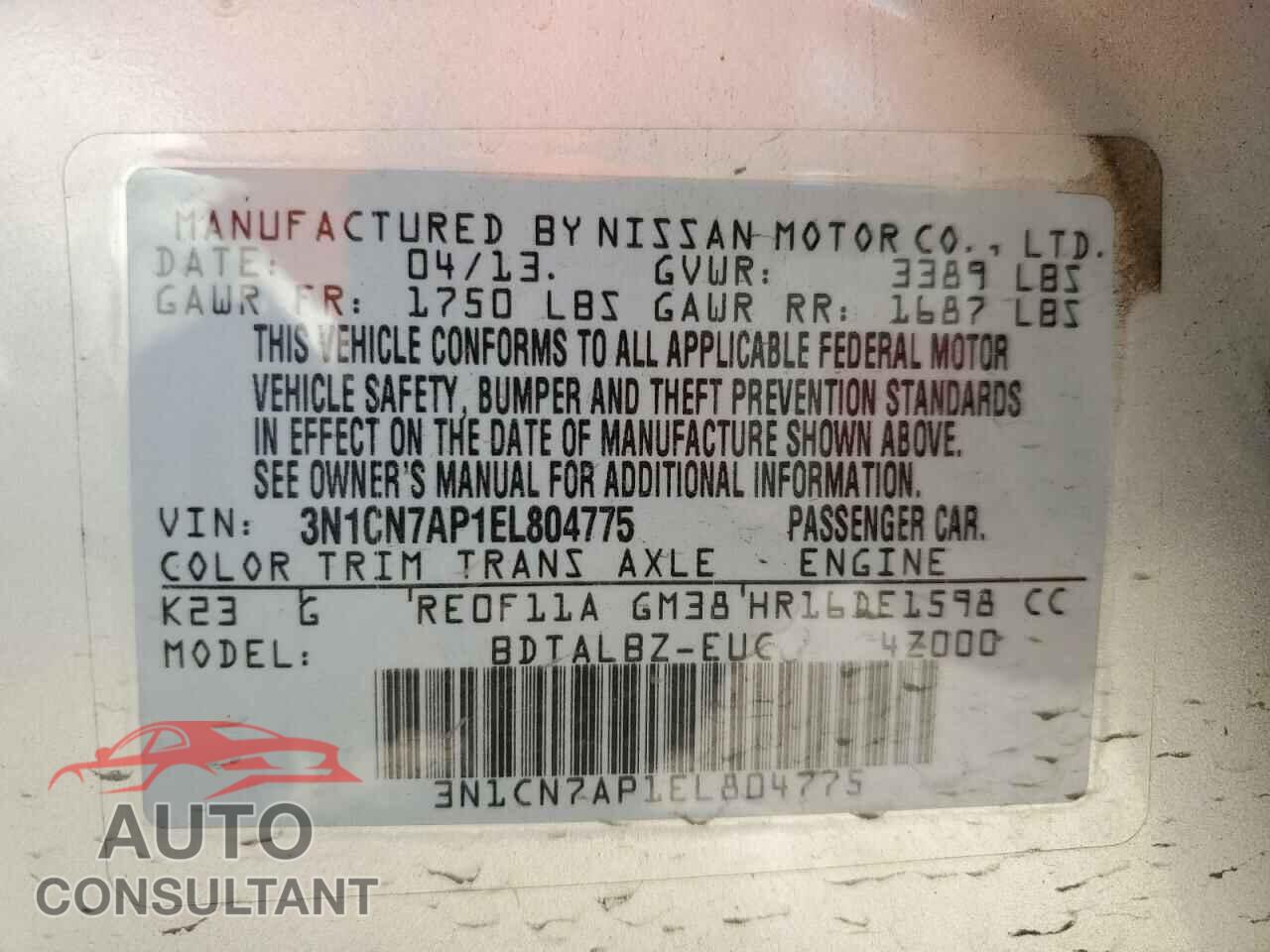 NISSAN VERSA 2014 - 3N1CN7AP1EL804775
