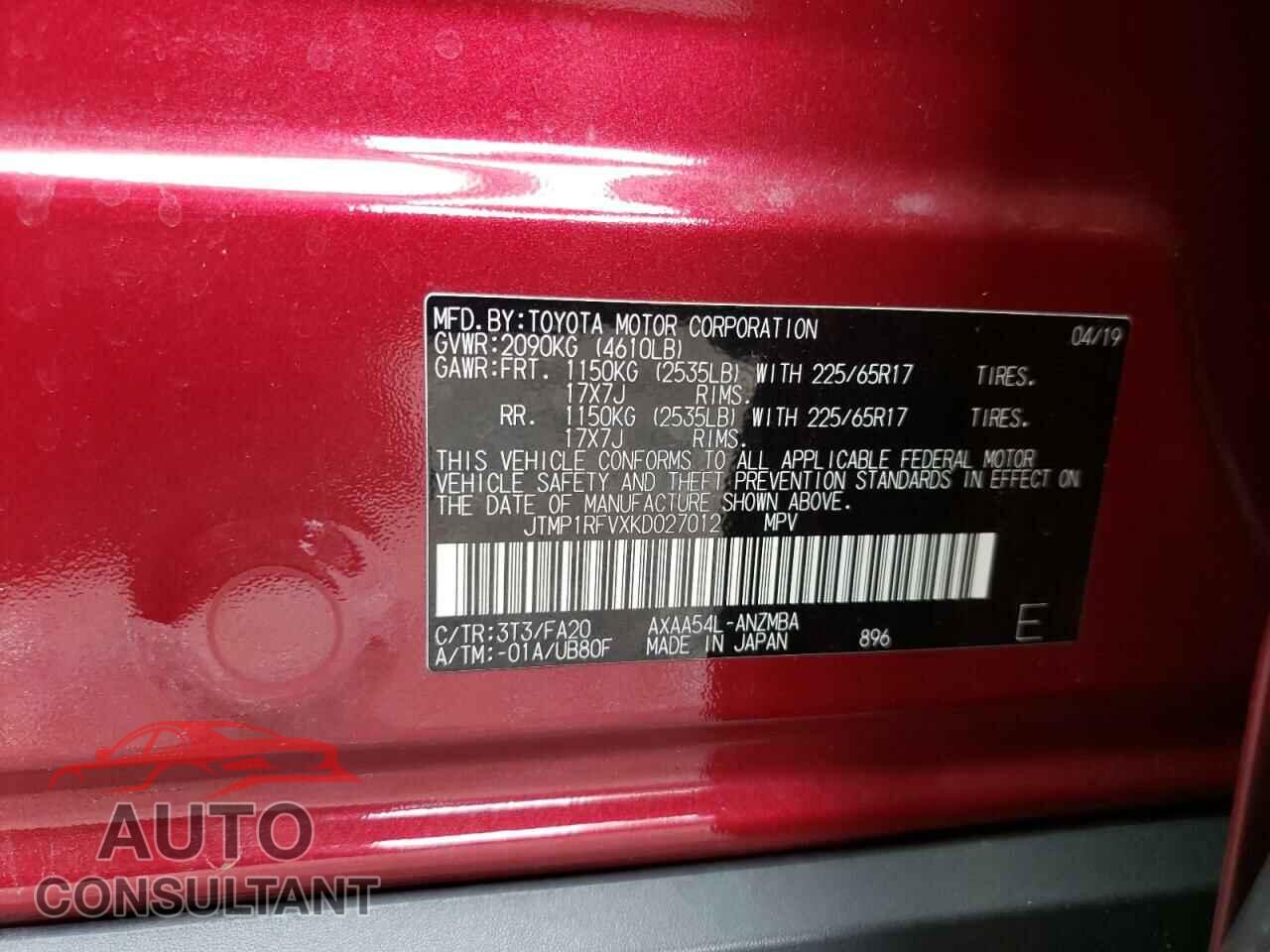 TOYOTA RAV4 2019 - JTMP1RFVXKD027012