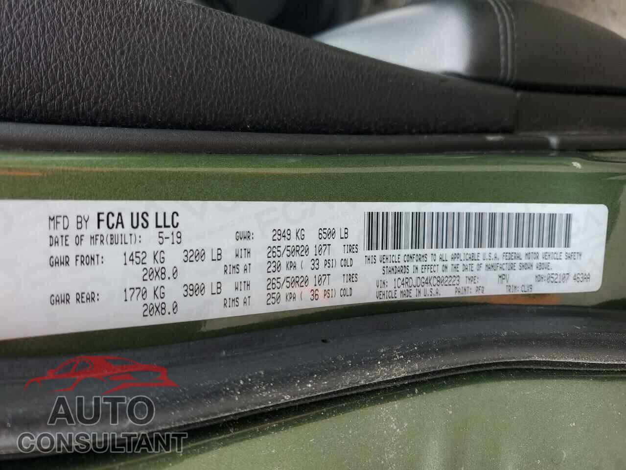 DODGE DURANGO 2019 - 1C4RDJDG4KC802223