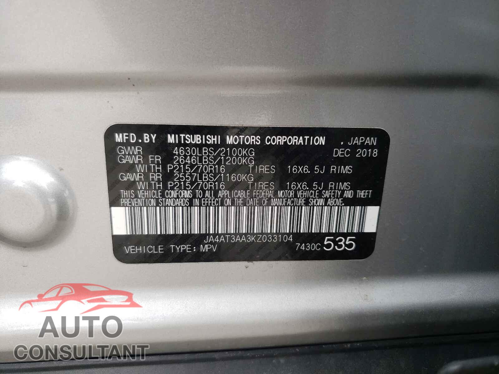 MITSUBISHI ECLIPSE 2019 - JA4AT3AA3KZ033104
