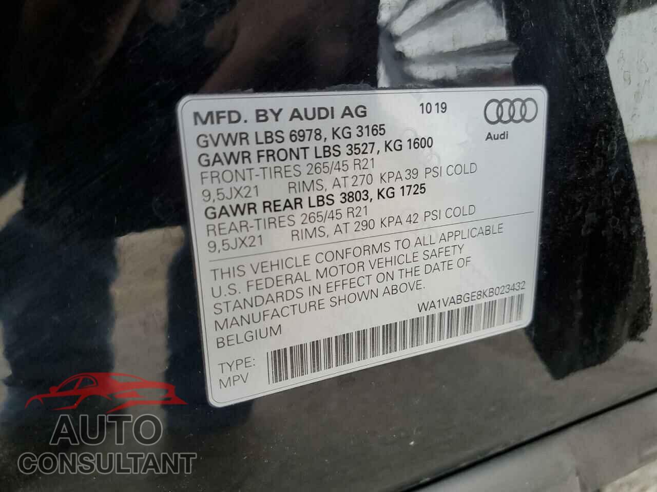 AUDI E-TRON 2019 - WA1VABGE8KB023432