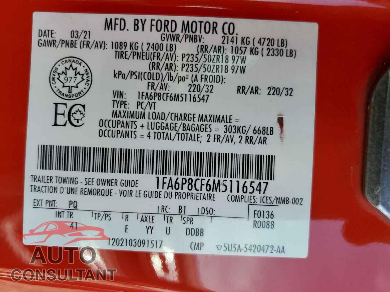FORD MUSTANG 2021 - 1FA6P8CF6M5116547