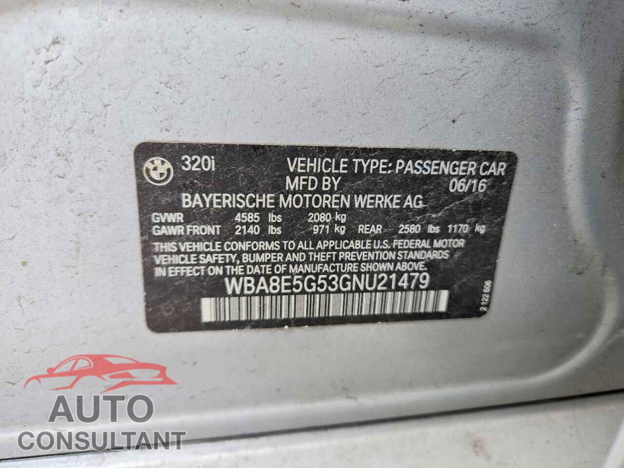 BMW 3 SERIES 2016 - WBA8E5G53GNU21479