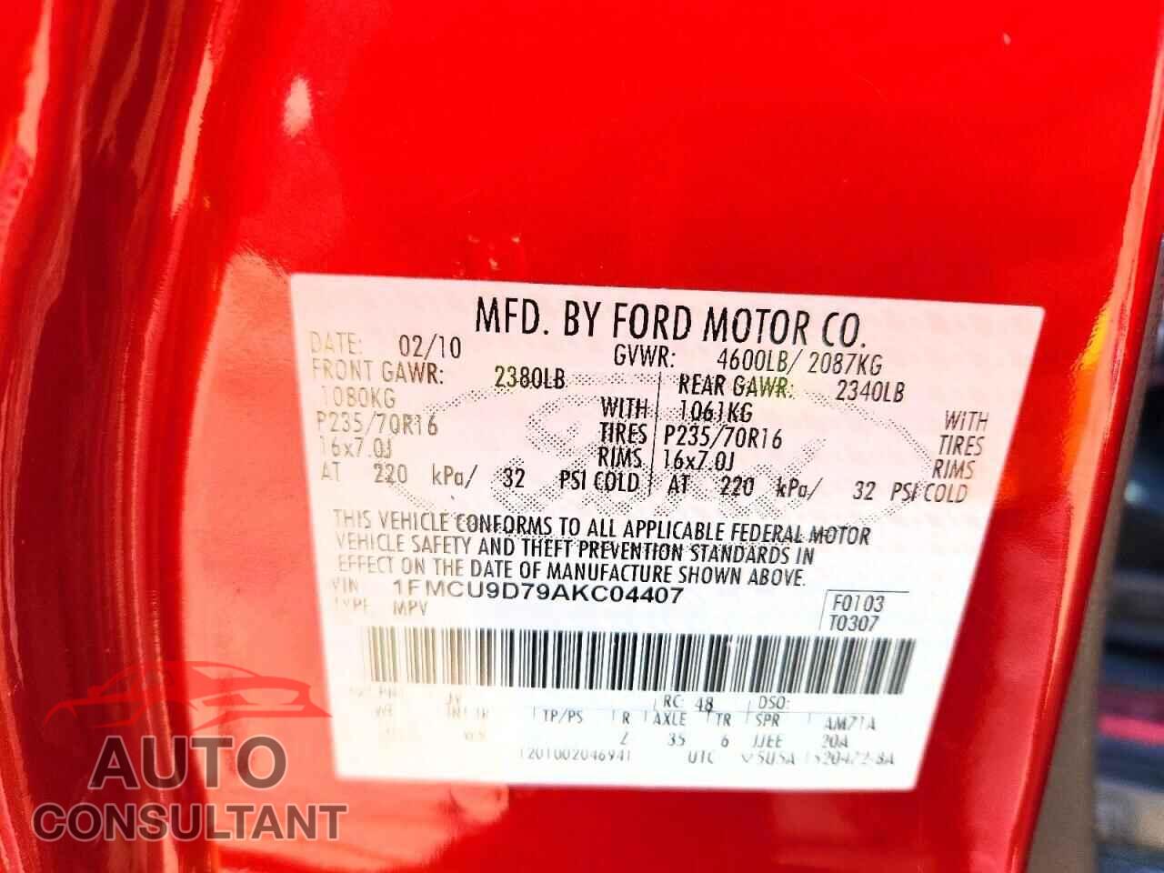 FORD ESCAPE 2010 - 1FMCU9D79AKC04407