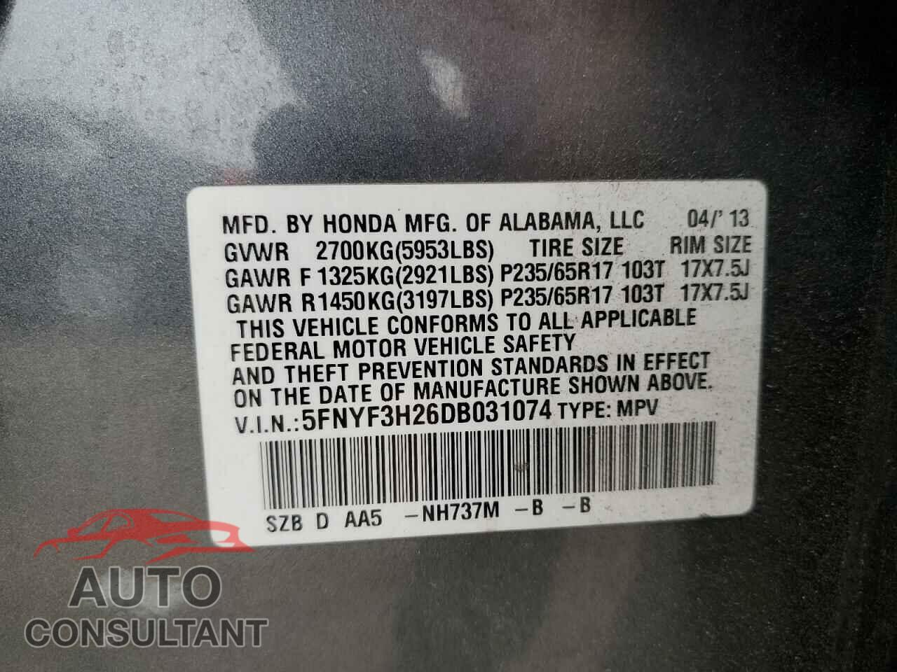 HONDA PILOT 2013 - 5FNYF3H26DB031074