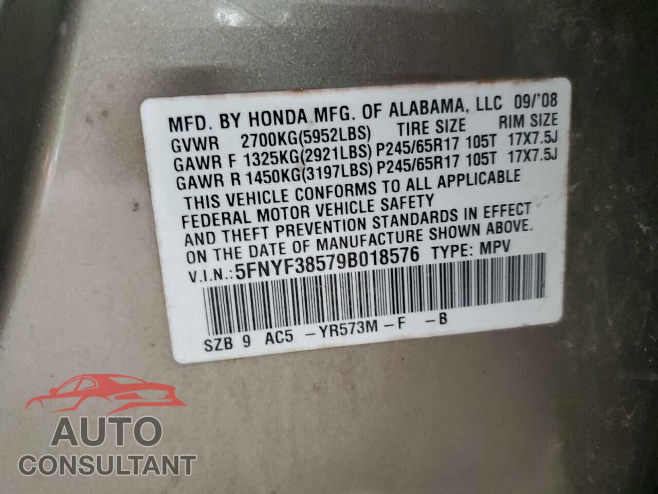 HONDA PILOT 2009 - 5FNYF38579B018576