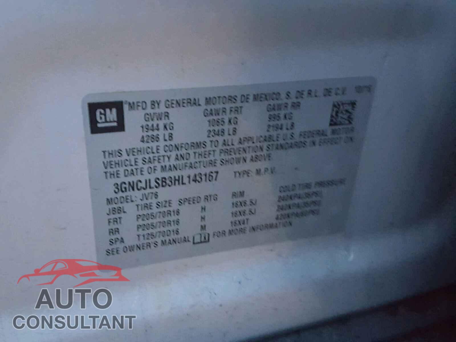 CHEVROLET TRAX 1LT 2017 - 3GNCJLSB3HL143167