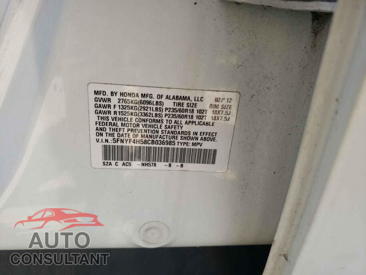 HONDA PILOT 2012 - 5FNYF4H58CB036985