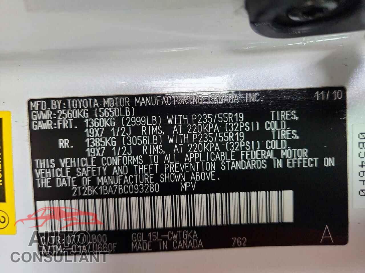 LEXUS RX350 2011 - 2T2BK1BA7BC093280