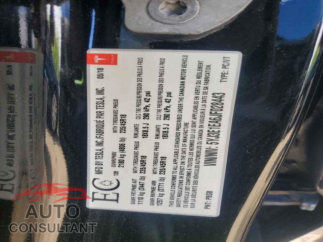 TESLA MODEL 3 2018 - 5YJ3E1EA6JF028443