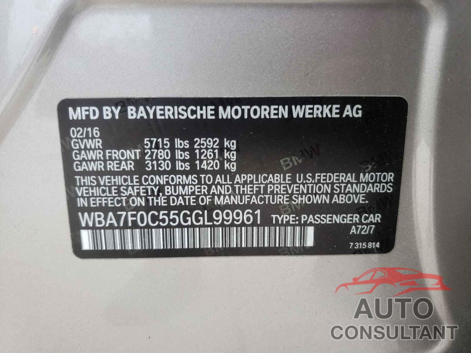 BMW 7 SERIES 2016 - WBA7F0C55GGL99961