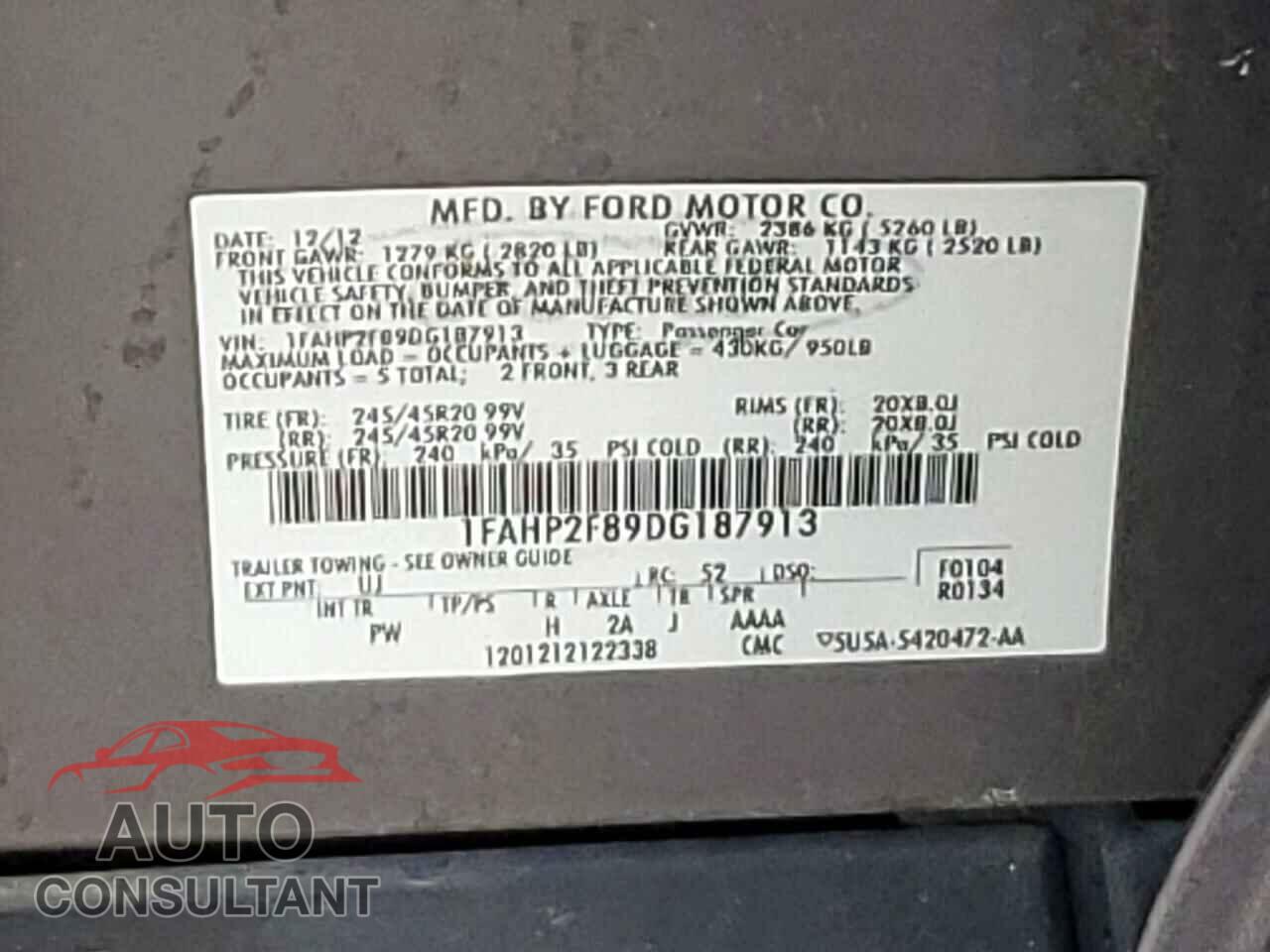 FORD TAURUS 2013 - 1FAHP2F89DG187913