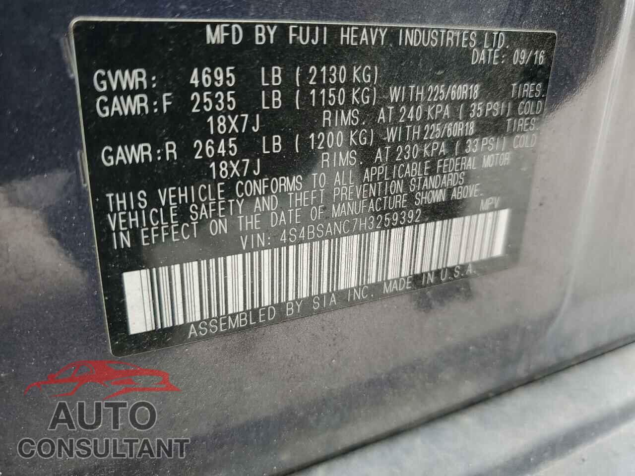 SUBARU OUTBACK 2017 - 4S4BSANC7H3259392