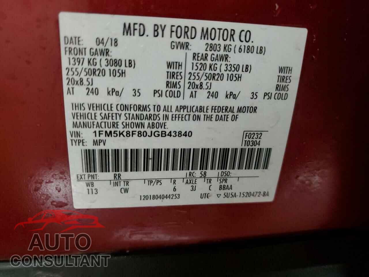 FORD EXPLORER 2018 - 1FM5K8F80JGB43840