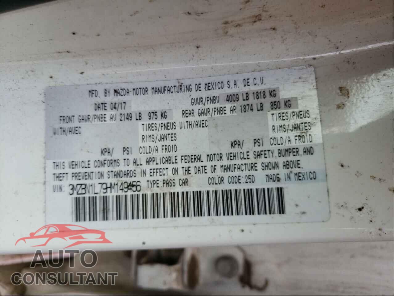 MAZDA 3 2017 - 3MZBN1L79HM149456