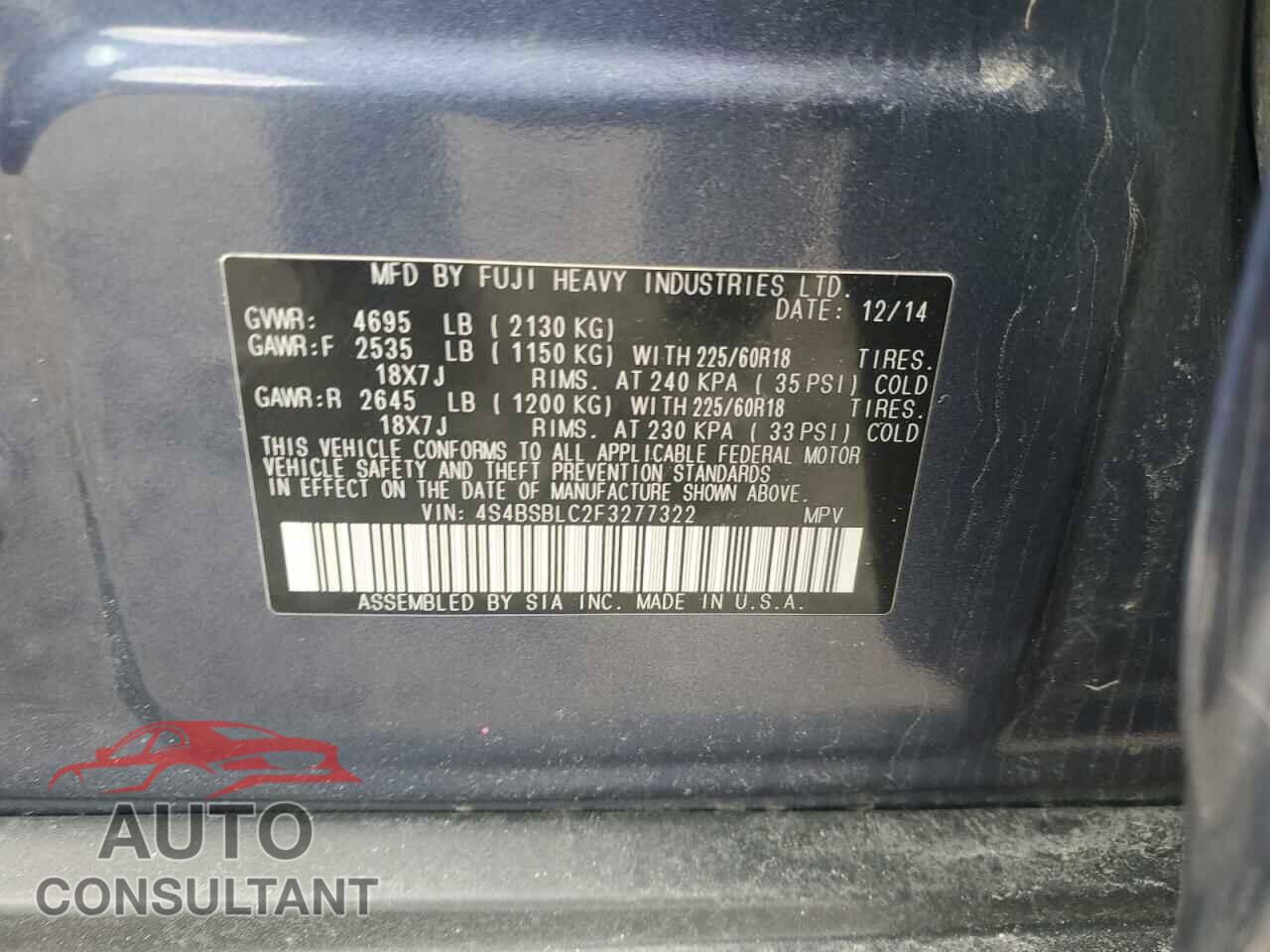 SUBARU OUTBACK 2015 - 4S4BSBLC2F3277322