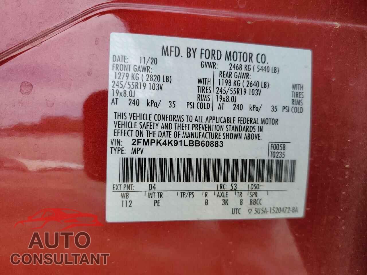 FORD EDGE 2020 - 2FMPK4K91LBB60883