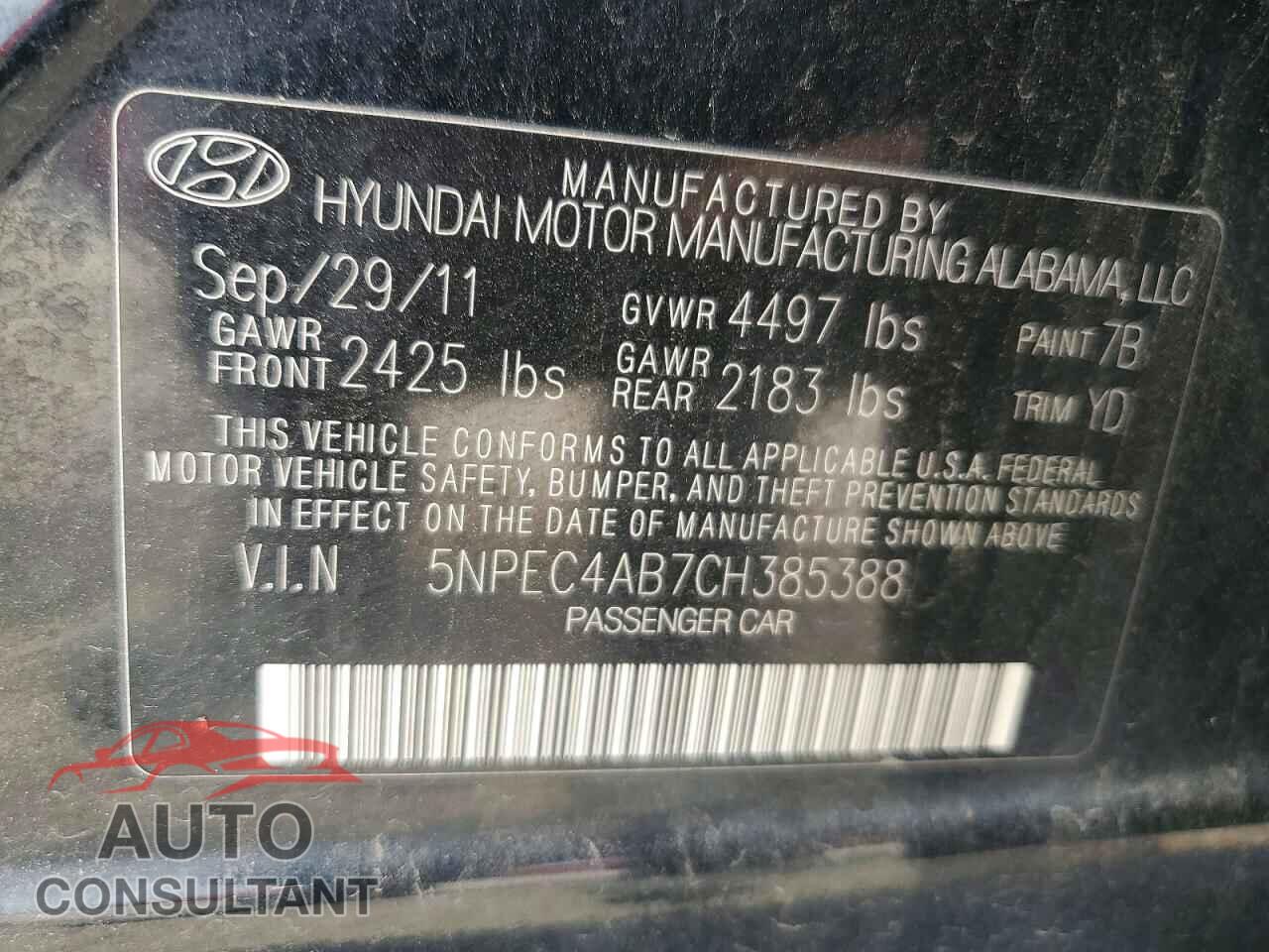HYUNDAI SONATA 2012 - 5NPEC4AB7CH385388