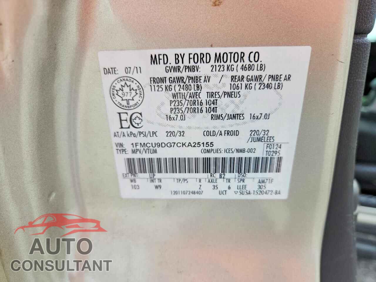 FORD ESCAPE 2012 - 1FMCU9DG7CKA25155