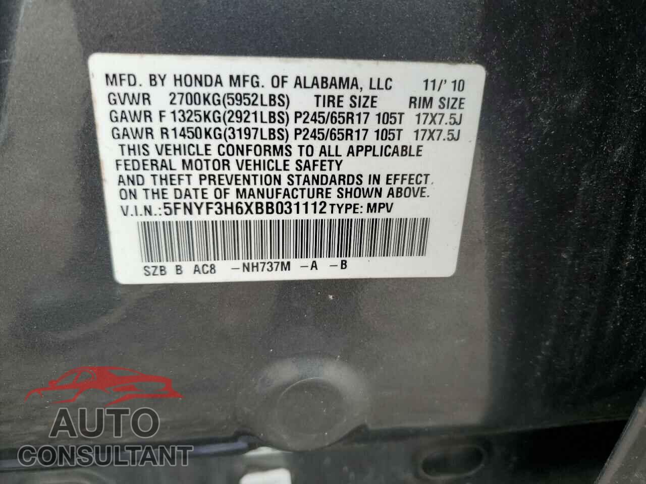 HONDA PILOT 2011 - 5FNYF3H6XBB031112
