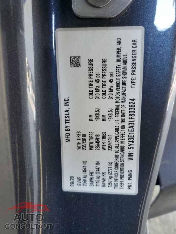 TESLA MODEL 3 2020 - 5YJ3E1EA3LF803624