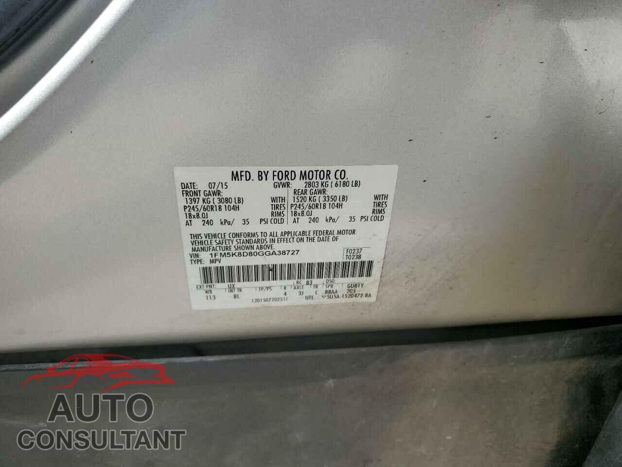 FORD EXPLORER 2016 - 1FM5K8D80GGA38727