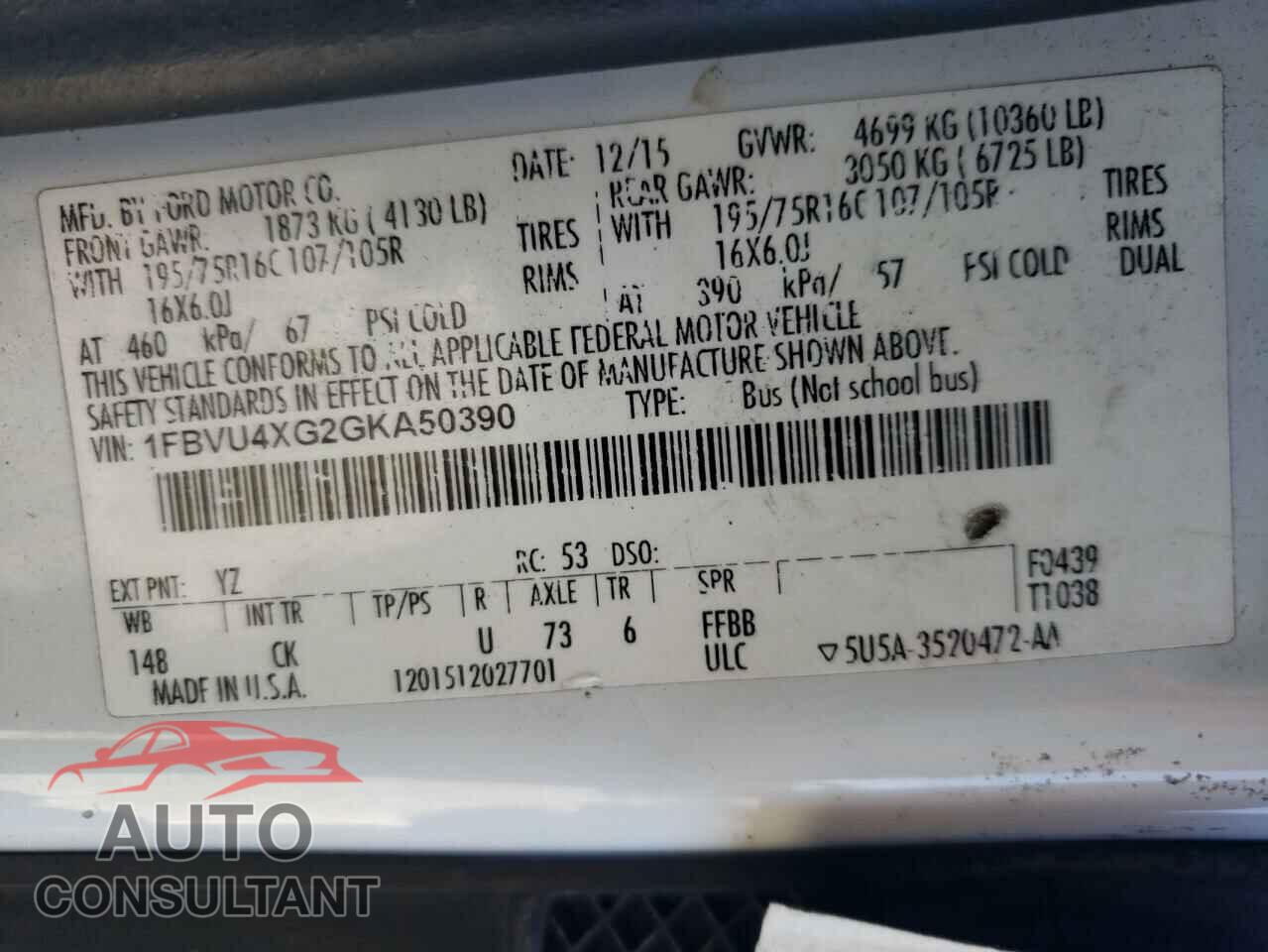 FORD TRANSIT 2016 - 1FBVU4XG2GKA50390