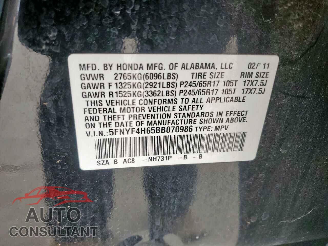 HONDA PILOT 2011 - 5FNYF4H65BB070986