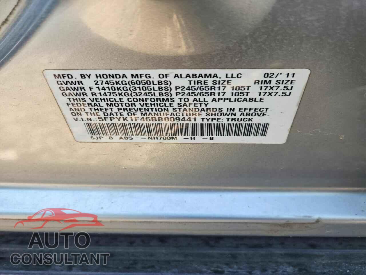 HONDA RIDGELINE 2011 - 5FPYK1F46BB009441