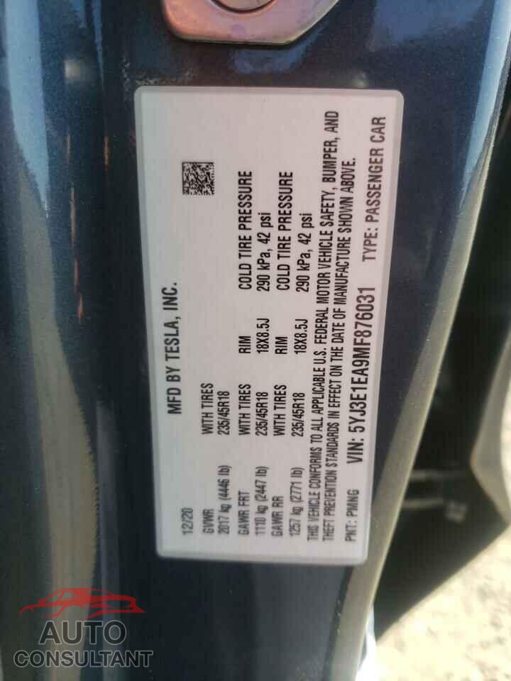 TESLA MODEL 3 2021 - 5YJ3E1EA9MF876031