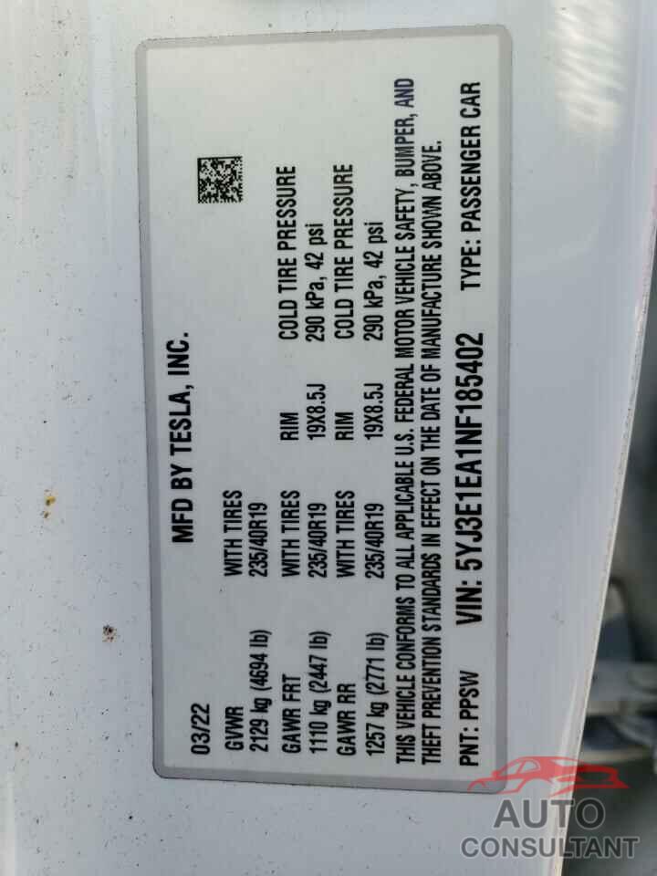 TESLA MODEL 3 2022 - 5YJ3E1EA1NF185402