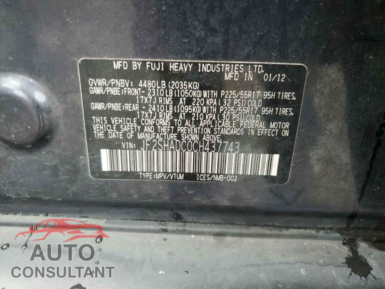 SUBARU FORESTER 2012 - JF2SHADC0CH437743