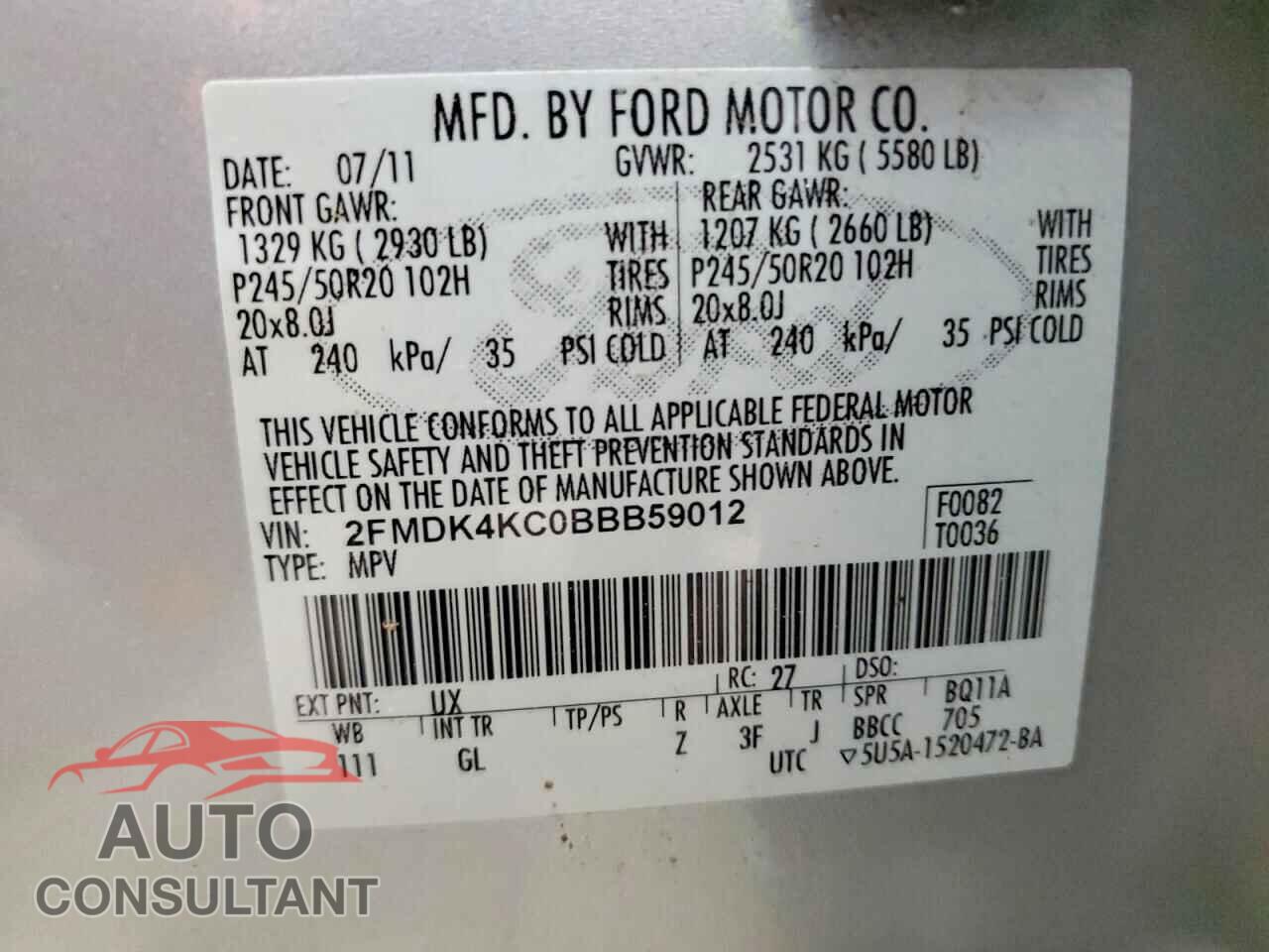 FORD EDGE 2011 - 2FMDK4KC0BBB59012