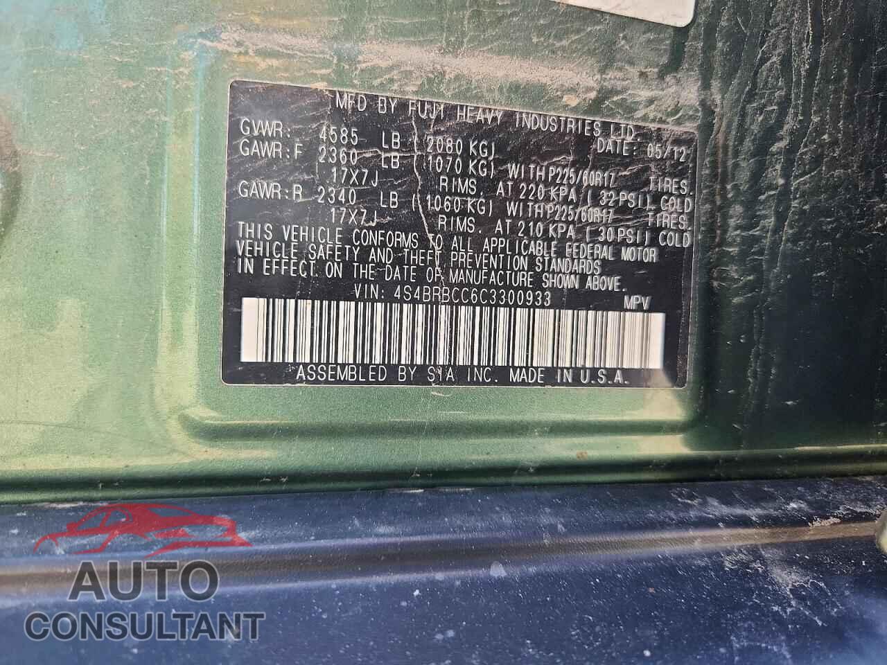 SUBARU OUTBACK 2012 - 4S4BRBCC6C3300933