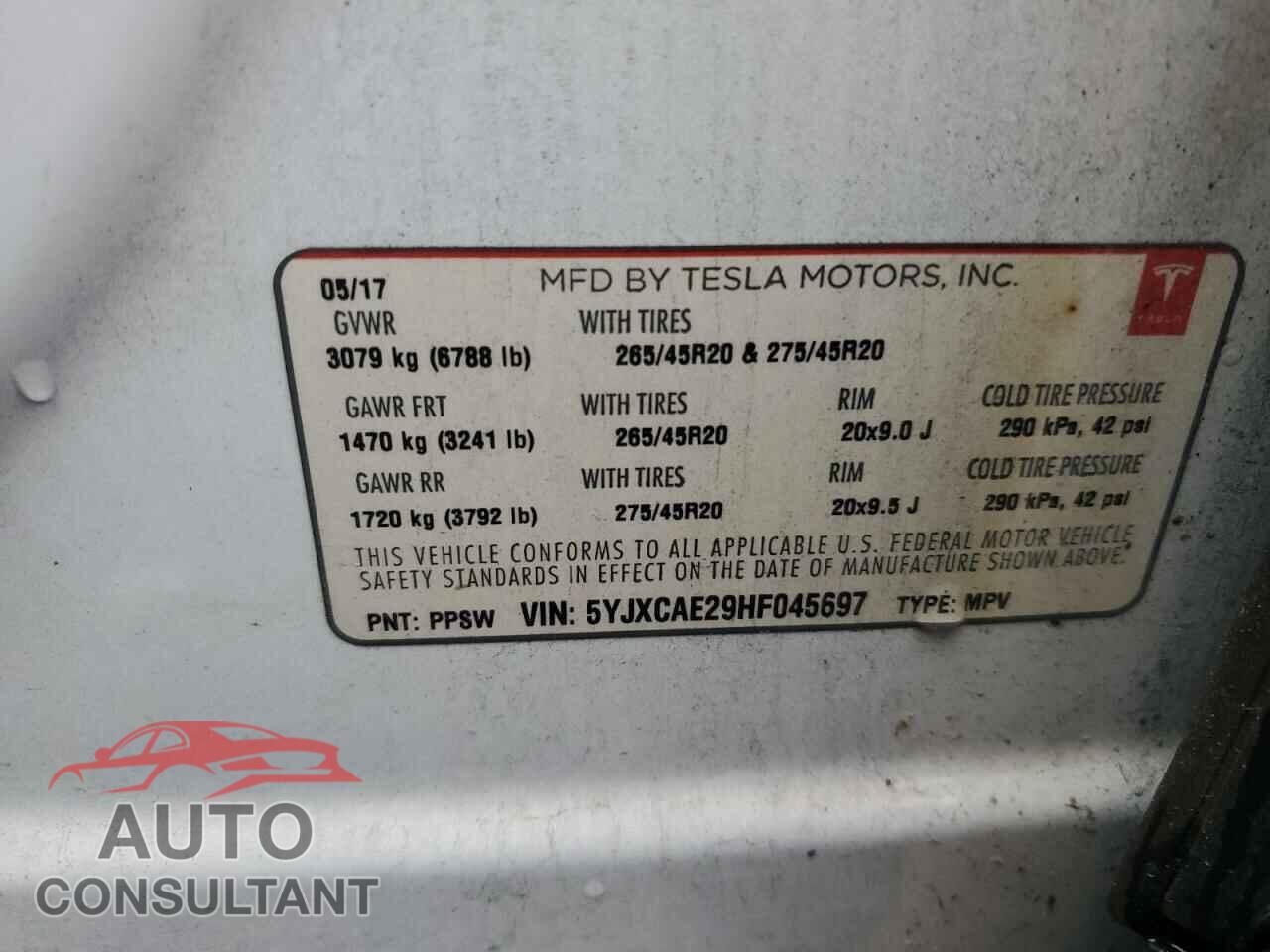 TESLA MODEL X 2017 - 5YJXCAE29HF045697