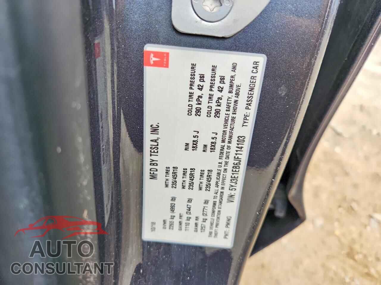 TESLA MODEL 3 2018 - 5YJ3E1EB6JF114103
