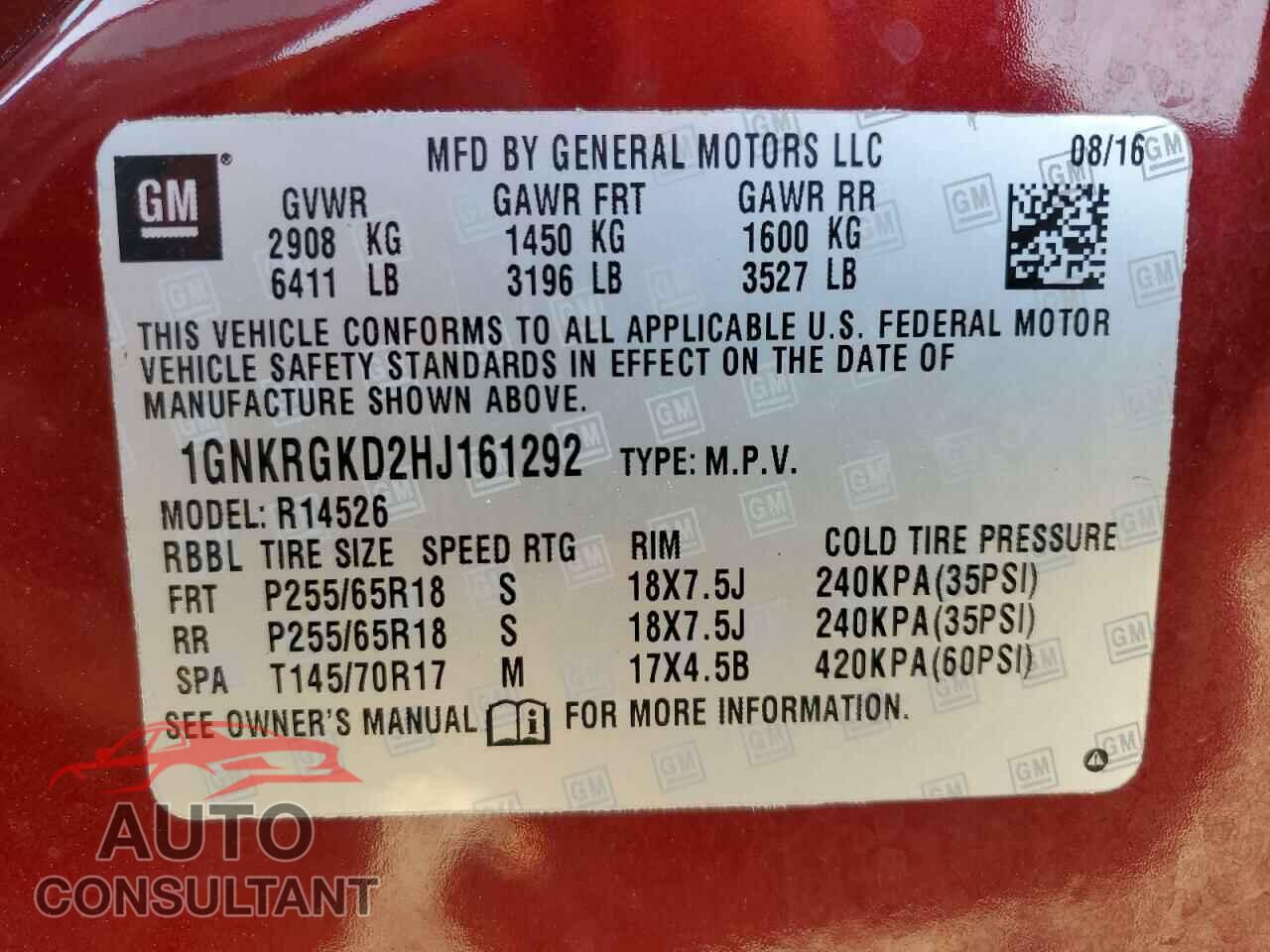 CHEVROLET TRAVERSE 2017 - 1GNKRGKD2HJ161292