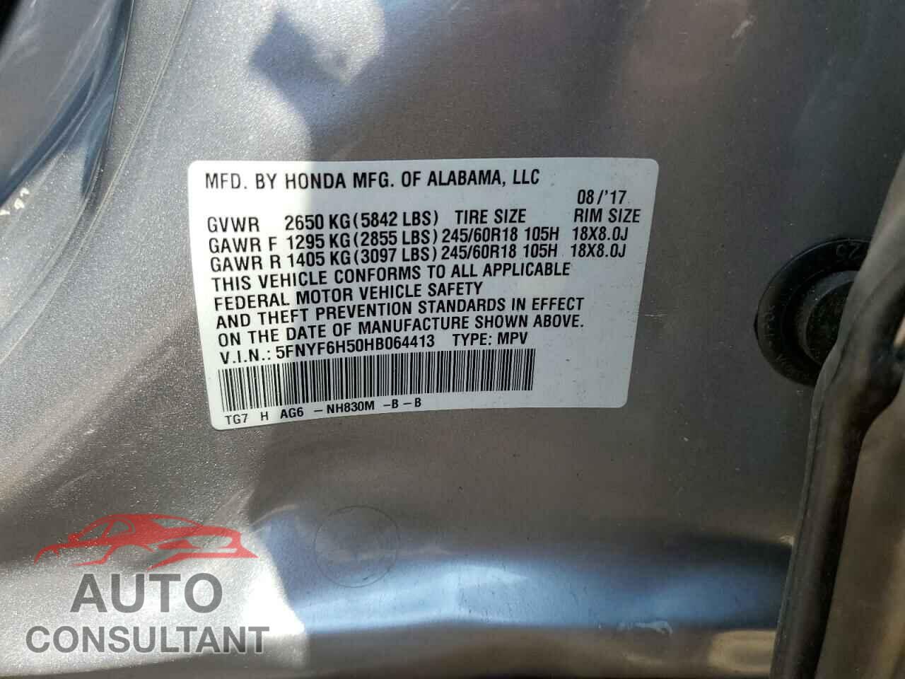 HONDA PILOT 2017 - 5FNYF6H50HB064413
