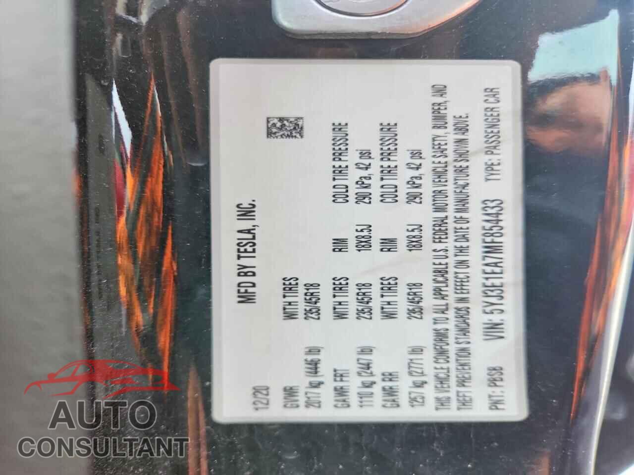 TESLA MODEL 3 2021 - 5YJ3E1EA7MF854433