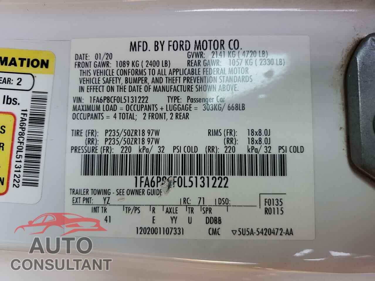 FORD MUSTANG 2020 - 1FA6P8CF0L5131222